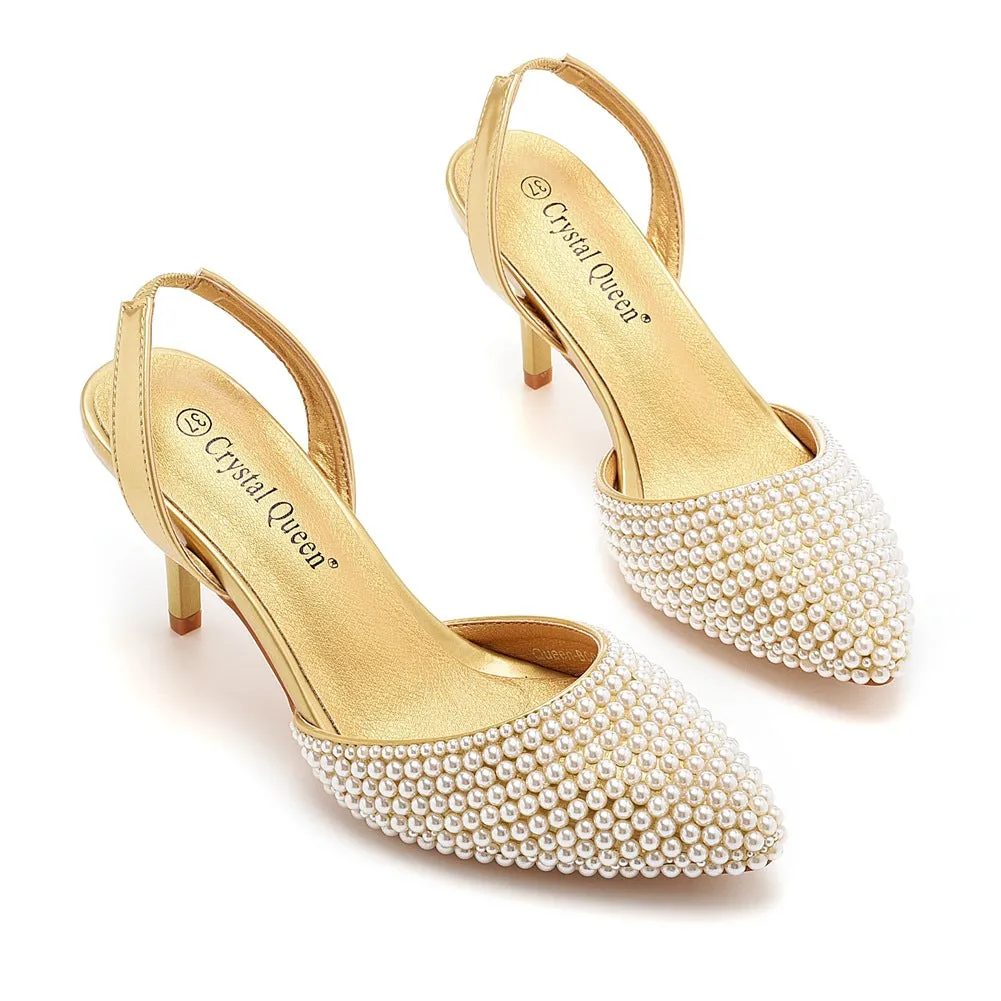 Pointed Toe Pearl Slingback High Heels