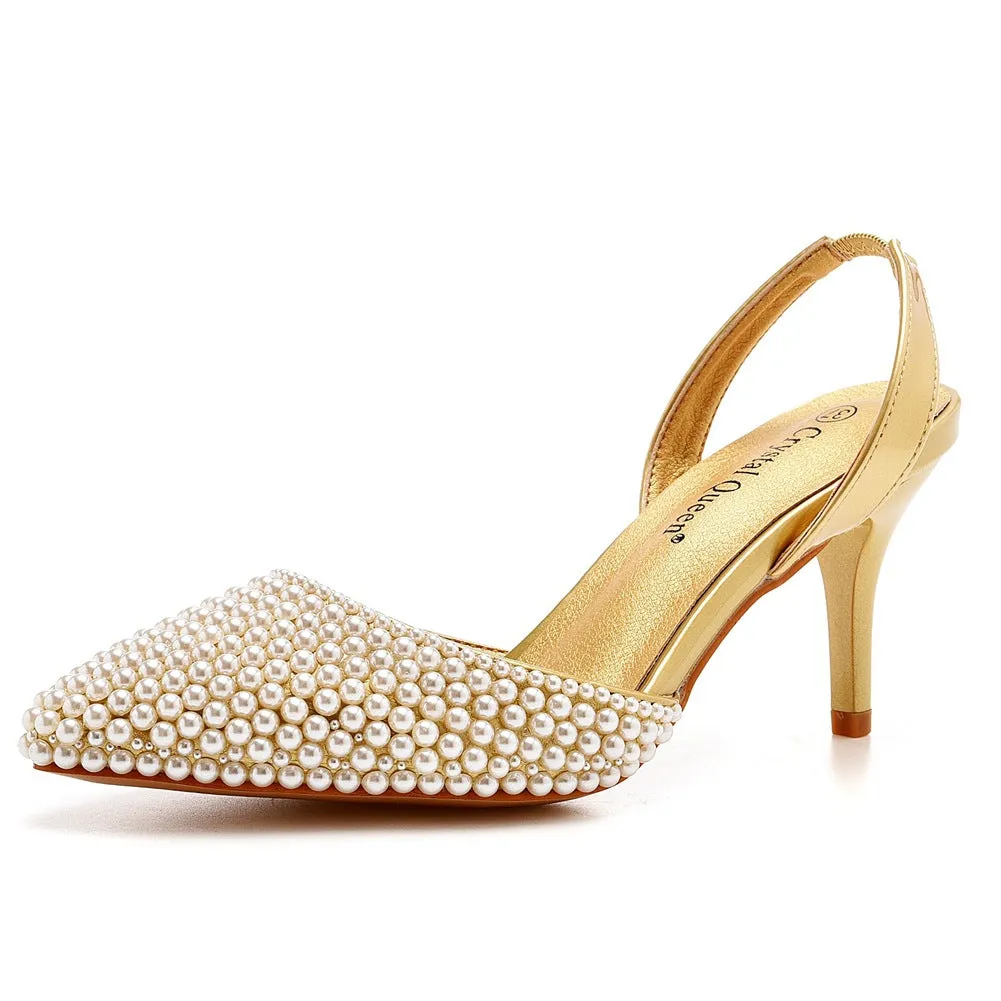 Pointed Toe Pearl Slingback High Heels