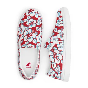 Red, Aqua and White Hawaiian Flowers Women's Slip On Canvas Shoes