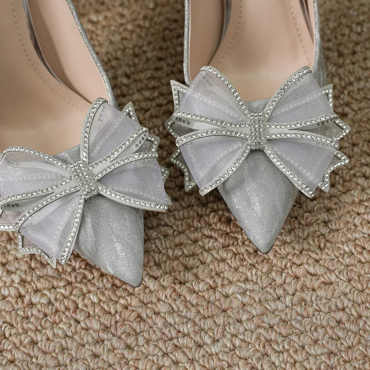 Uniwim Autumn/Winter New Thin Heel Pointed Head Shallow Mouth Silver Sexy Wedding Shoes High Heels Fairy Style Bow Office Single Shoes