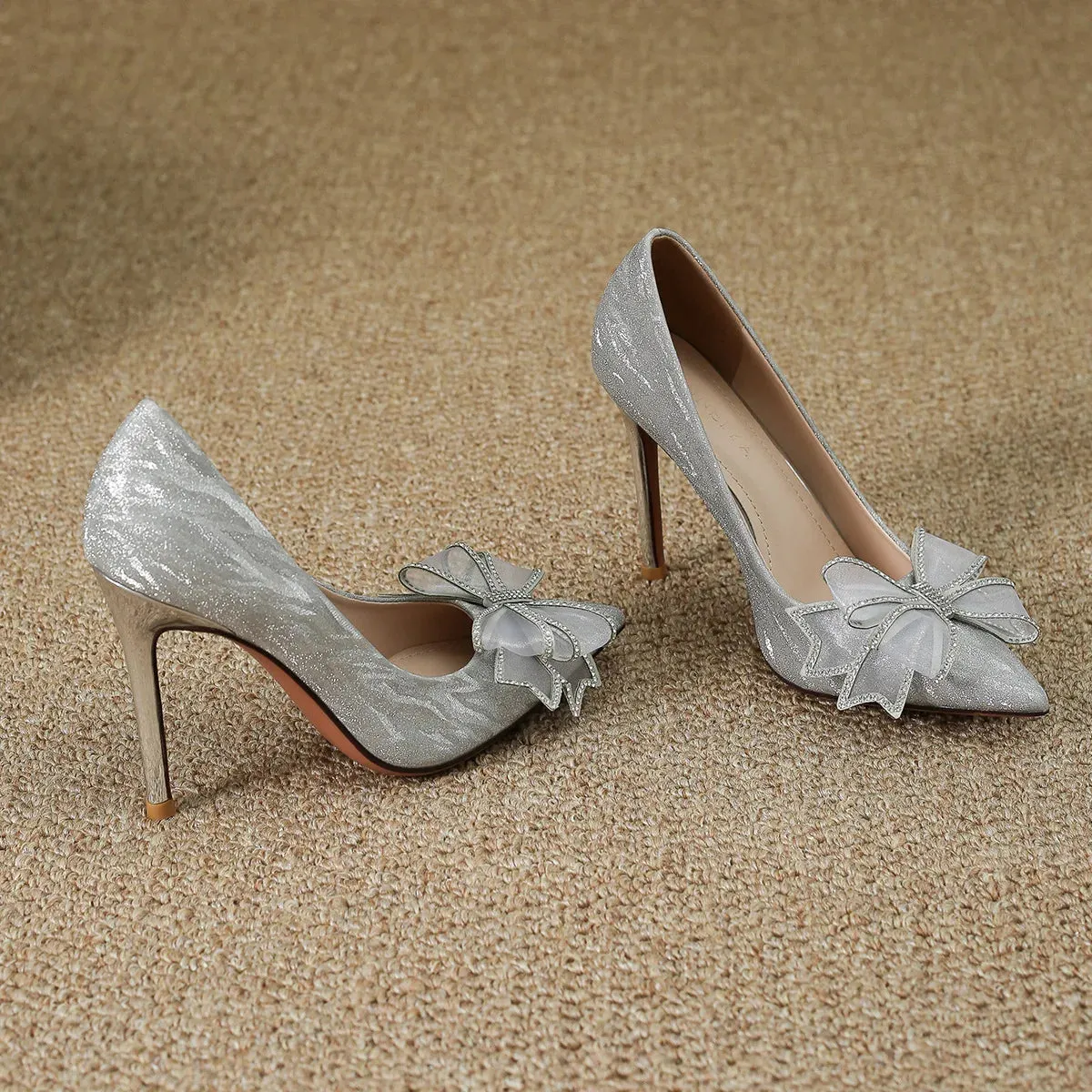 Uniwim Autumn/Winter New Thin Heel Pointed Head Shallow Mouth Silver Sexy Wedding Shoes High Heels Fairy Style Bow Office Single Shoes