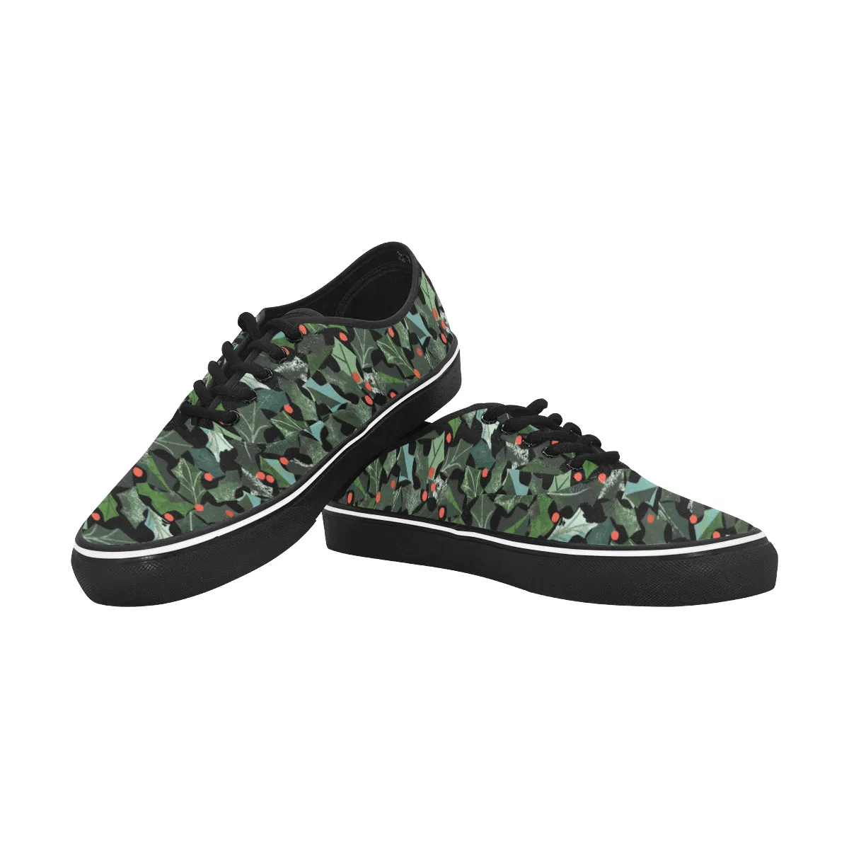 Women's Ivy Plants Christmas Print Canvas Low Top Shoes (Black)