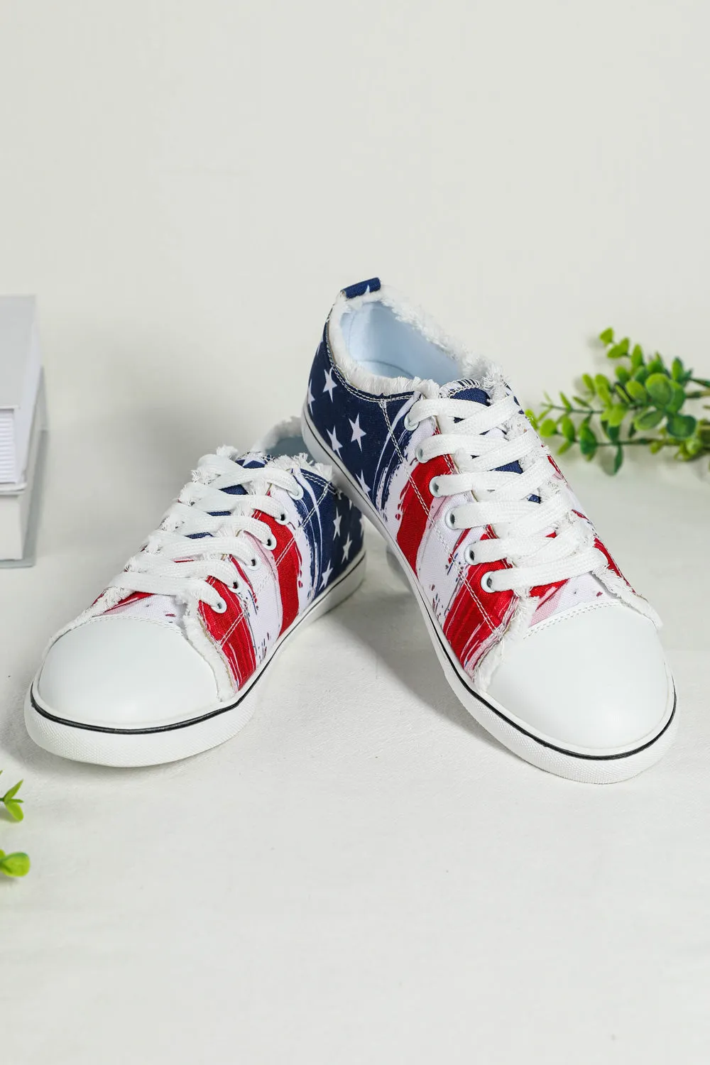 Women's USA Flag Print Ripped Flat Canvas Shoes