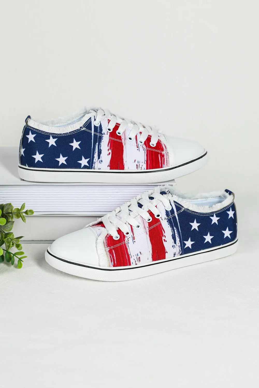 Women's USA Flag Print Ripped Flat Canvas Shoes