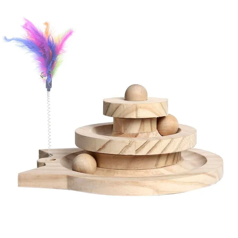 Wooden Cat Toy Multilayer Track Rotating Ball Interactive Cat Toys