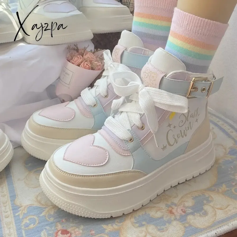 Xajzpa - Macaron Campus Style Lolita Sneakers Are Cute and Sweet All-match Autumn and Winter Thick-soled Height-increasing Shoes